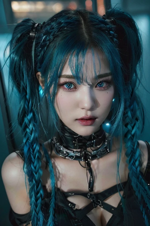 A close up of a woman with blue hair and piercings and blue like eyes, beautiful cyberpunk girl face, cruel korean gothic girl, cyberpunk look, cyberpunk aesthetic, blue braided hair, gothic girl aesthetic, blue hairstyle, pretty Girl with blue hair, Girl with blue hair, beautiful blue hair girl, cyberpunk style color, long braided teal hair, with long turquoise hair, gothic - cyberpunk, portrait of Barbie doll, pale porcelain skin, Barbie doll, beautiful and elegant queen, anime Barbie doll,big breasts , heavy breasts