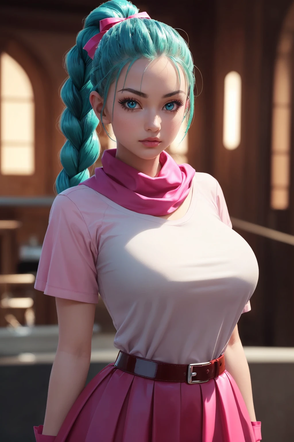 (ultra realistic,32k,RAW photo:1.1),(high detailed skin:1.1), 8k uhd, dslr, high quality, film grain, (makeup, mascara:1.1), lips,(thick\lips\), 
(shiny glossy translucent clothing:1.1), dragon ball, blmpony, aqua hair, hair ribbon, braided ponytail, pink shirt, belt, scarf, pink skirt, clothes writing, brown gloves,, huge breast, 
(looking at viewer, Bend forward:1.1), 
 (busty:1.1) ,  (chubby:0.1),(volumetric lighting:1.1),dark theme, veil of illusions, shimmering illusions, shifting reality, realm of tricksters