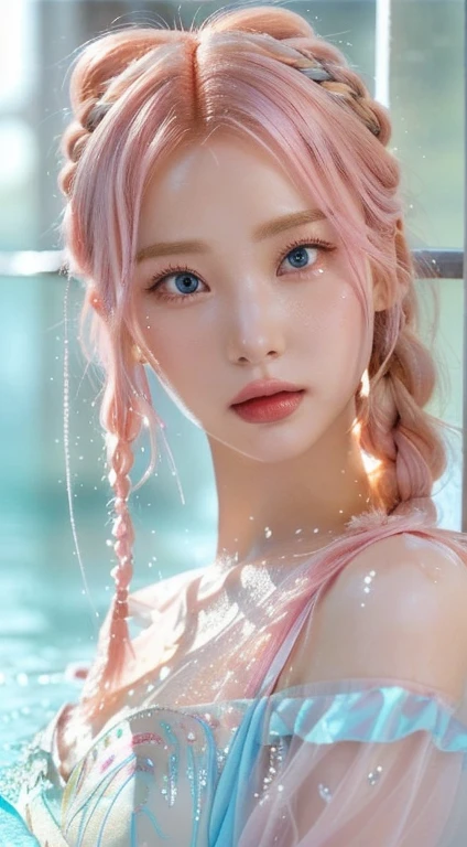 a close up of a woman with pink hair and a pink dress and blue like eyes, Close-up fantasy with water magic., dripping wet hair, she looks like a mixture of dirt, looks like a mixture of dirt, vibrant fantasy style, RossDraws Vibrant Pastel, shiny and dripping, orange braided hair, wet appearance, dripping wet long hair, Neon jellyfish headdress, wet hair, portrait of Barbie doll, pale porcelain skin, Barbie doll, beautiful and elegant queen, anime Barbie doll, 