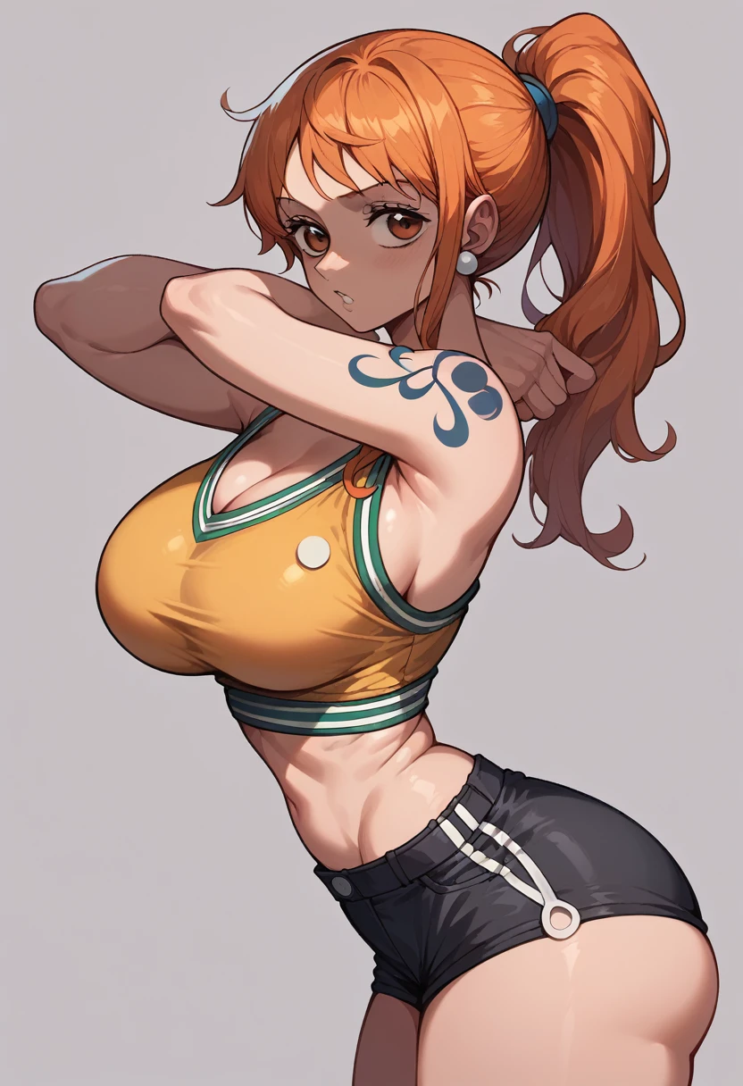 Nami in a yellow top and black short shorts, HD, best qualityer, work of art, big tight chest, big ass tight, sexy hot, Panas, sensuous, ponytail hair