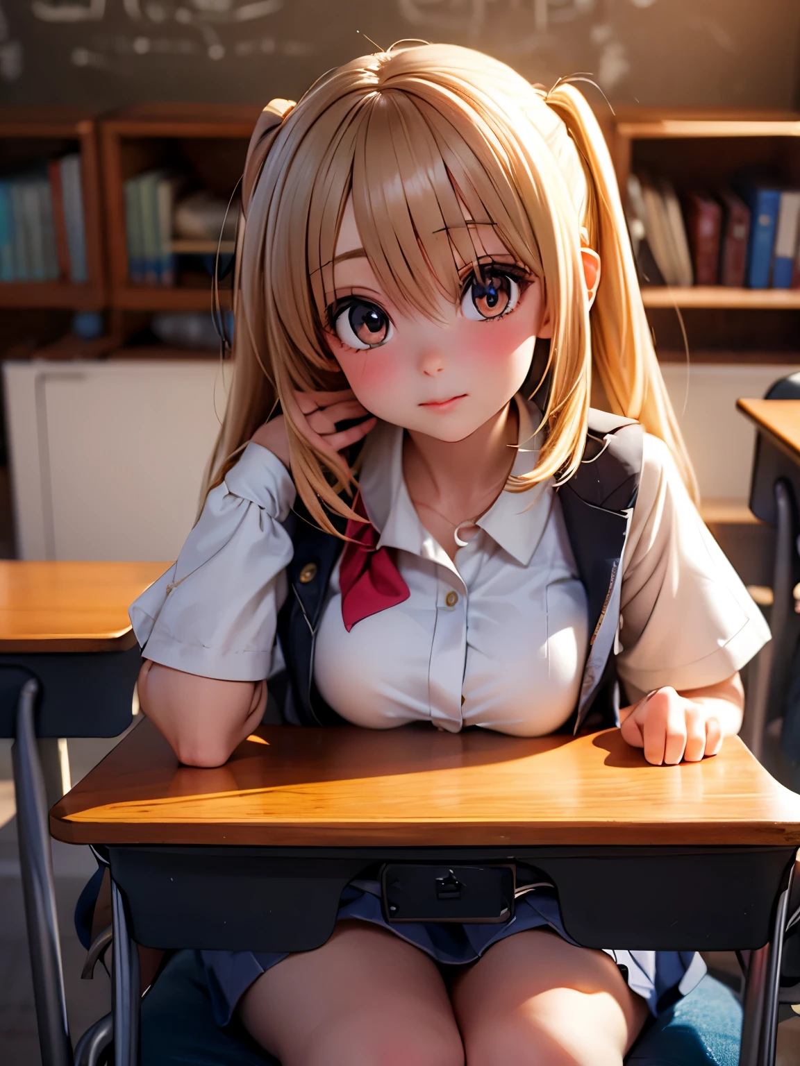 Shiina midday, classroom, uniform, highest quality, highly detailed, realistic shadows, realistic texture  