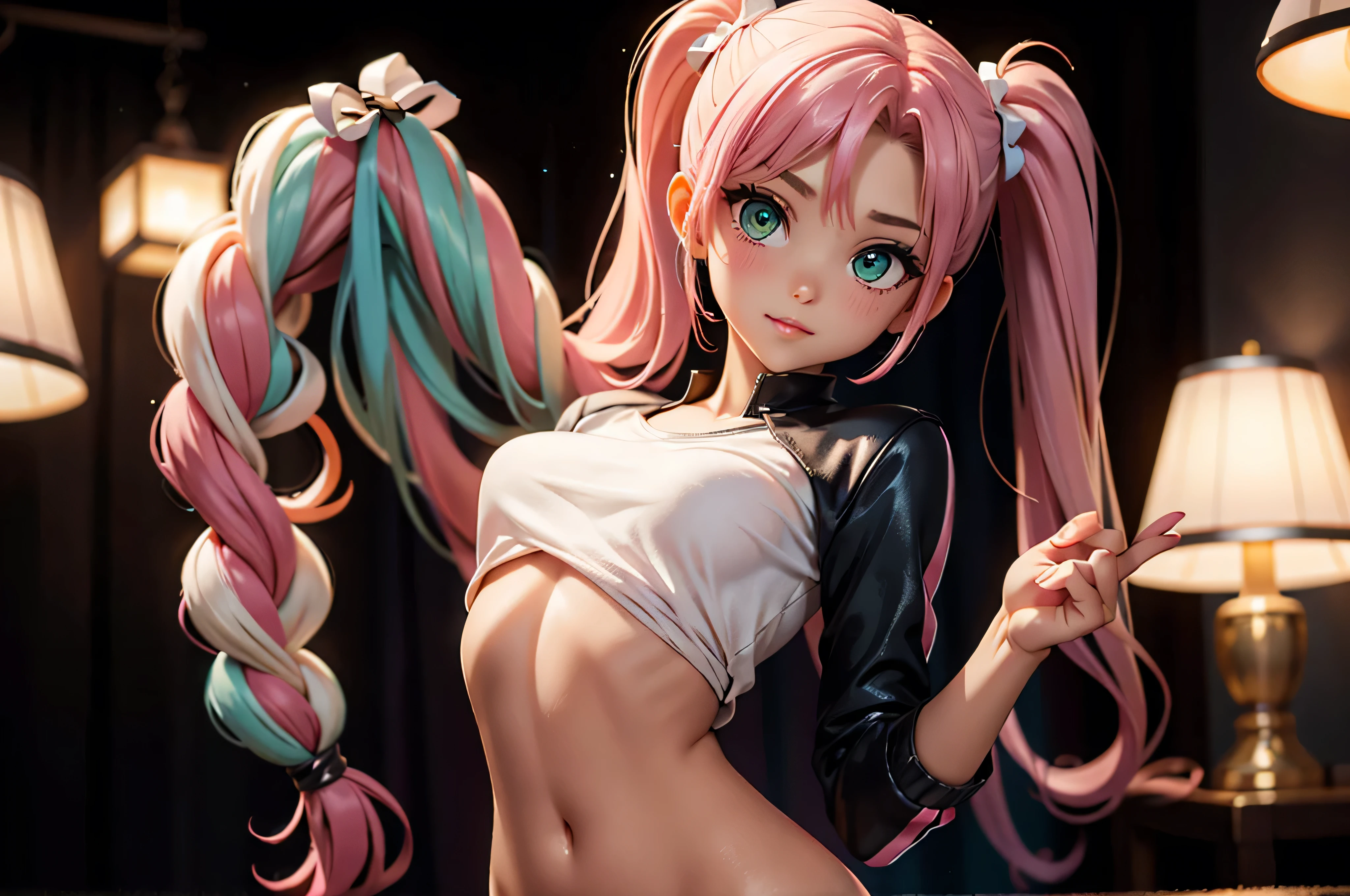 (masterpiece), highest quality, solo, 1girl, teen, young, dark skin, tan skin, ((petite)), pink hair, twin tails, upper_body, perfect_round_iris, green_eyes, absurdres_iris, wide_eyes, small waist, small hips, cute ass, extremely_delicate_body, perfect body, tan body, ((dark skin)), ((pulling shirt down over her crotch, shirt stretched tight over breasts, no pants, nude, buttocks exposed)), satisfaction, elegant_tilt, relaxed_pose, confident_stance, graceful_posture, casual_lean, enchanting_gaze, feminine_expression, curiosity_teasing_expression, [shine_pink_hair, hair_ornament, voluminous hair, long_hair, multicolored_hair, two-tone_hair, twintails, bow-shaped_hair, eyelashes, mascara, starry_green_eyes, natural makeup, makeup, parted glossy lips, sincere smile, soft_skin, tan_skin, perfect_breasts, round_breasts, delicate_clothes, twilight, nostalgic, soft pink, scenery, bokeh, serenity, rays, luminescent, as twilight falls, warm glow from a nearby lamp, casting a nostalgic light,