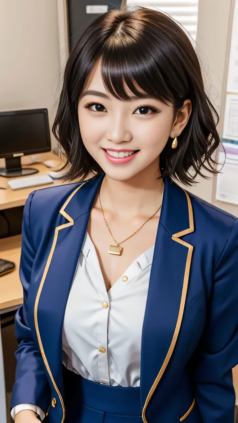 raw photos, high resolution, very detailed, intricate details, 、ear piercing、、short hair、black hair、、office lady suits 、jacket、s...