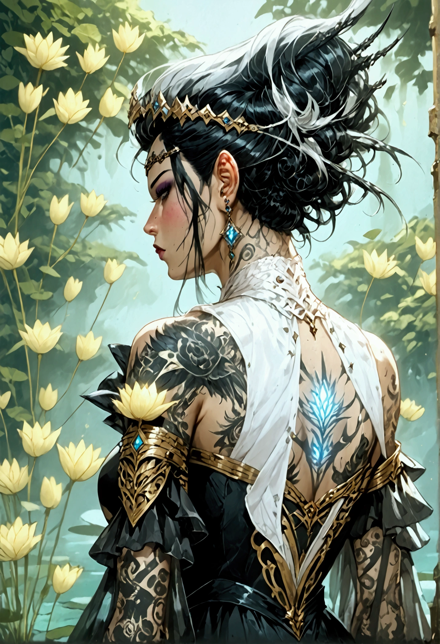 Arafed, Dark fantasy art, fantasy art, goth art, a picture of a tattoo on the back of a female elf, a glowing tattoo of a ((white lotus: 1.3)) on the elf's back, the ((lotus 1.3), she wears a transparent black dress, the dress is elegant, flowing, elven style, that the tattoos glow, dynamic hair color, dynamic hair style, Ultra-high resolution, High Contrast, (masterpiece:1.5), highest quality, Best aesthetics), 16K fantasy art, best details, best quality, highres, 32k, ((ultra detailed: 1.5)), masterpiece, best quality, (extremely detailed), rpg portrait, photograph,