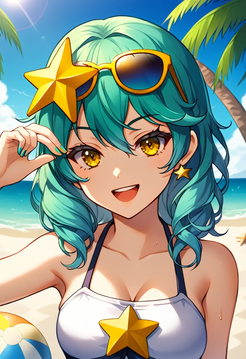 Girl with long dark turquoise hair, yellow eyes, yellow star pin in her head. Summer, in the beach