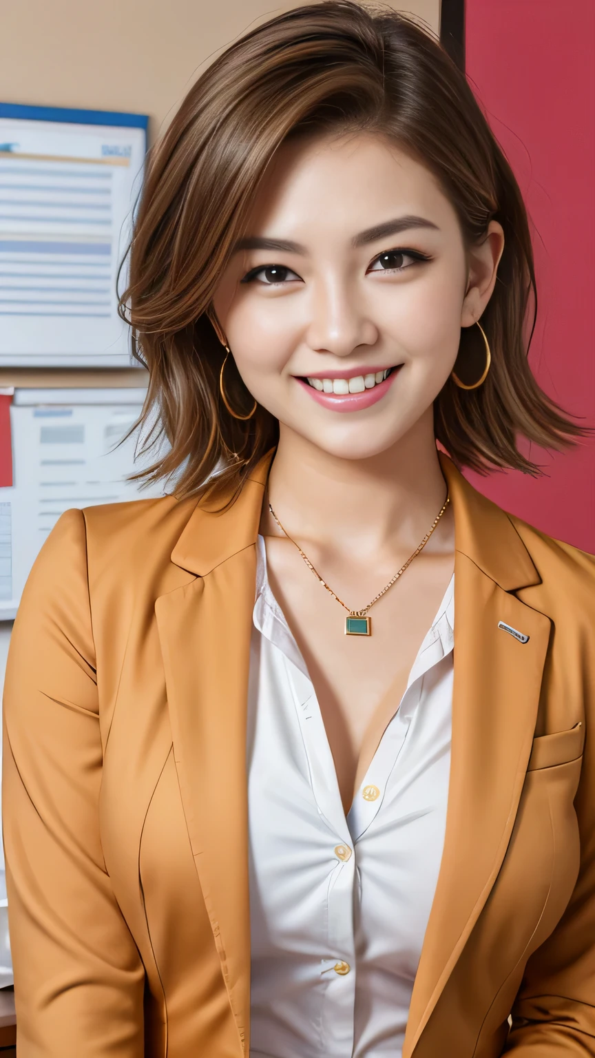 RAW Photos, High resolution, Very detailed, Intricate details, 、ear piercing、、short hair、Light brown hair、Office Lady Suits 、Jacket、shirt、smile、Beautiful teeth alignment、Necklace around the neck、, The background is the office
