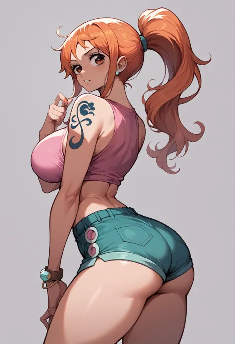 nami in a pink top and pink short shorts, hd, best qualityer, work of art, big tight chest, big ass tight, sexy hot, panas, sens...