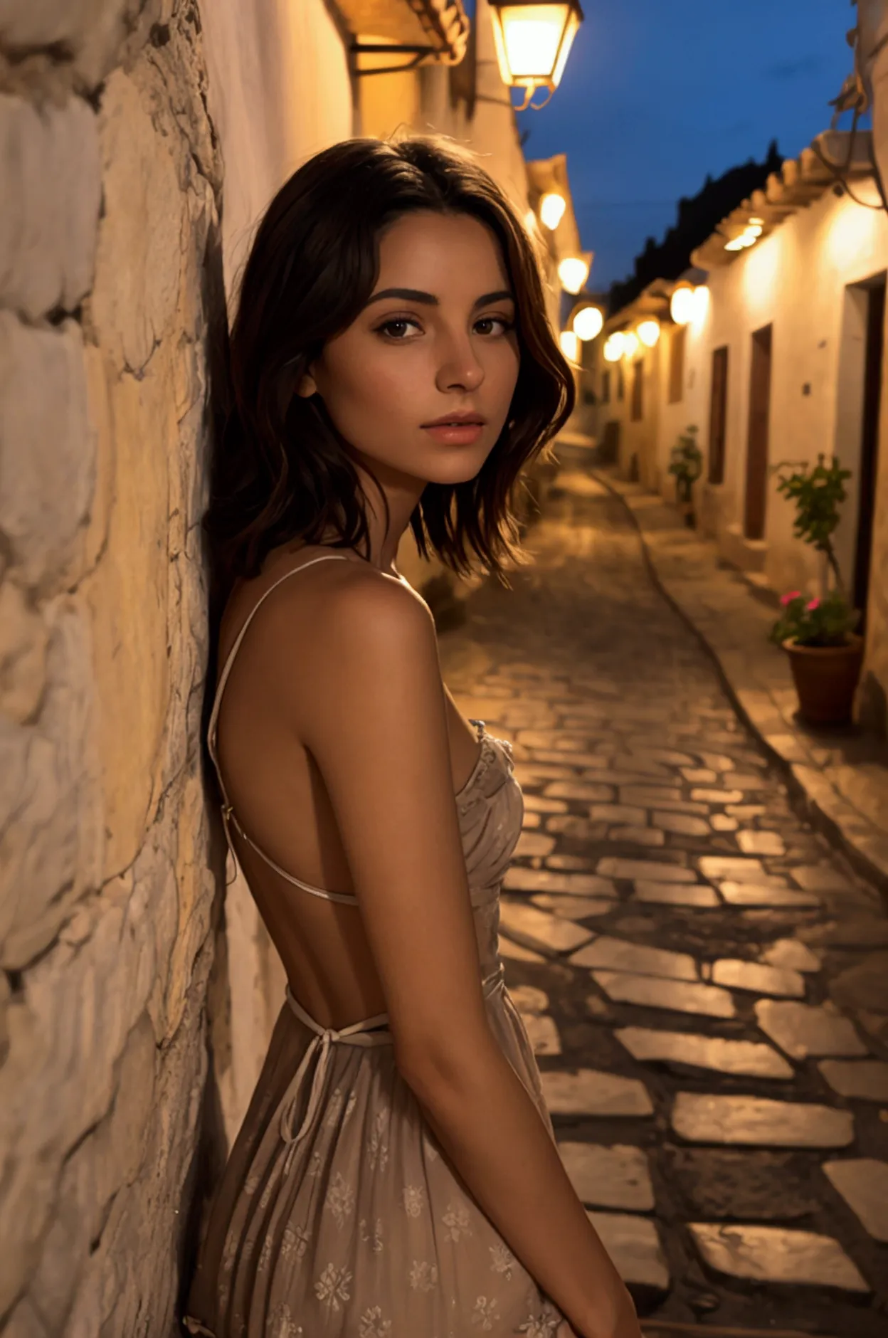 a sweet slim beautiful spanish woman standing a lonely street at night in an andalusian small mountain village. she is extremely...