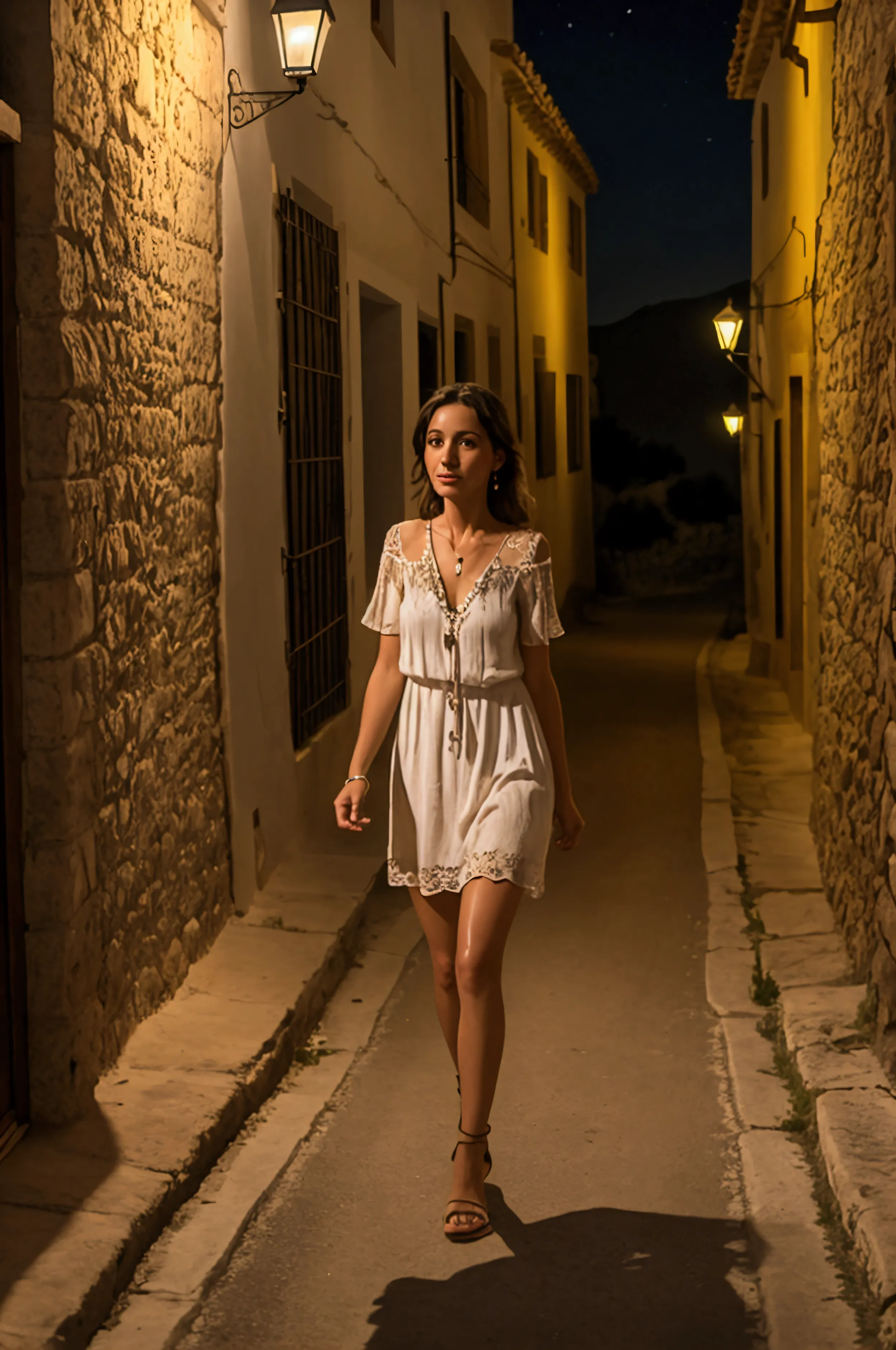 a sweet slim beautiful spanish woman walking down a lonely street at night in an andalusian small mountain village. the woman we...