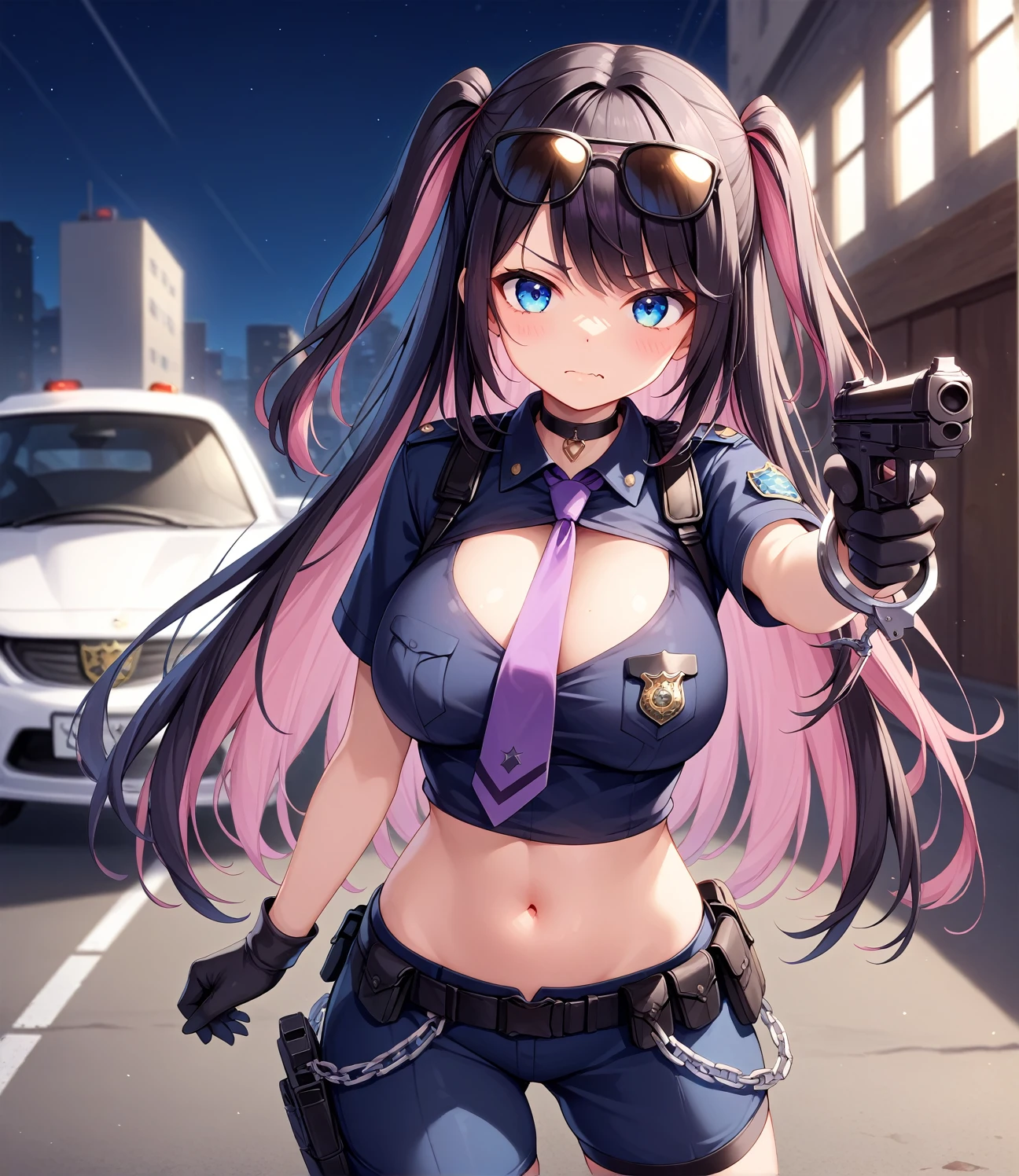 absurdres,((Highest quality))、(masterpiece)、(Realistic Shadows),(１ beautiful girl),,two side up ,email ,multicolored hair, ,pink inner hair, black hair , Blue eyes, long hair ,1girl
black choker,
black hair,
Blue eyes,
breasts,
,looking at viewer
,midriff
,navel
,skin fang,, belt
,black gloves
,Blue eyes
,chain
,cuffs
,eyewear on head
,gloves
,handcuffs
,purple necktie
,police
, black police uniform
,black shirt
,sunglasses ,BREAK 
,aiming
,aiming at viewer
,Assault rifle
,handgun
,holding
,holding weapon,BREAK skyscraper, nervous, serious expression, on the road, at night, ambient lighting, group shot, Epic Battle Scene, car