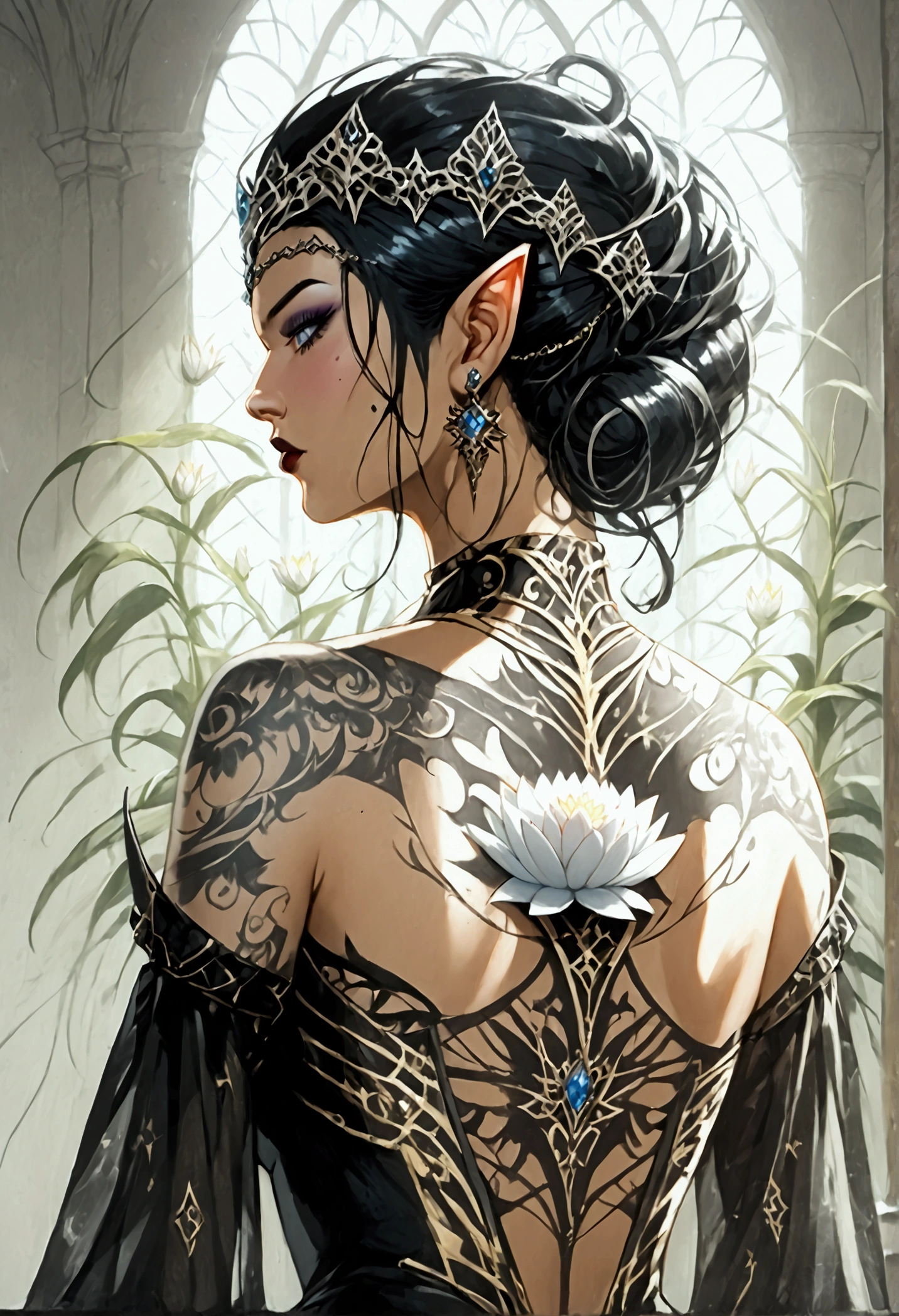 Arafed, Dark fantasy art, fantasy art, goth art, a picture of a tattoo on the back of a female elf, a glowing tattoo of a ((white lotus: 1.3)) on the elf's back, the ((lotus 1.3), she wears a transparent black dress, the dress is elegant, flowing, elven style, that the tattoos glow, dynamic hair color, dynamic hair style, Ultra-high resolution, High Contrast, (masterpiece:1.5), highest quality, Best aesthetics), 16K fantasy art, best details, best quality, highres, 32k, ((ultra detailed: 1.5)), masterpiece, best quality, (extremely detailed), rpg portrait, photograph,