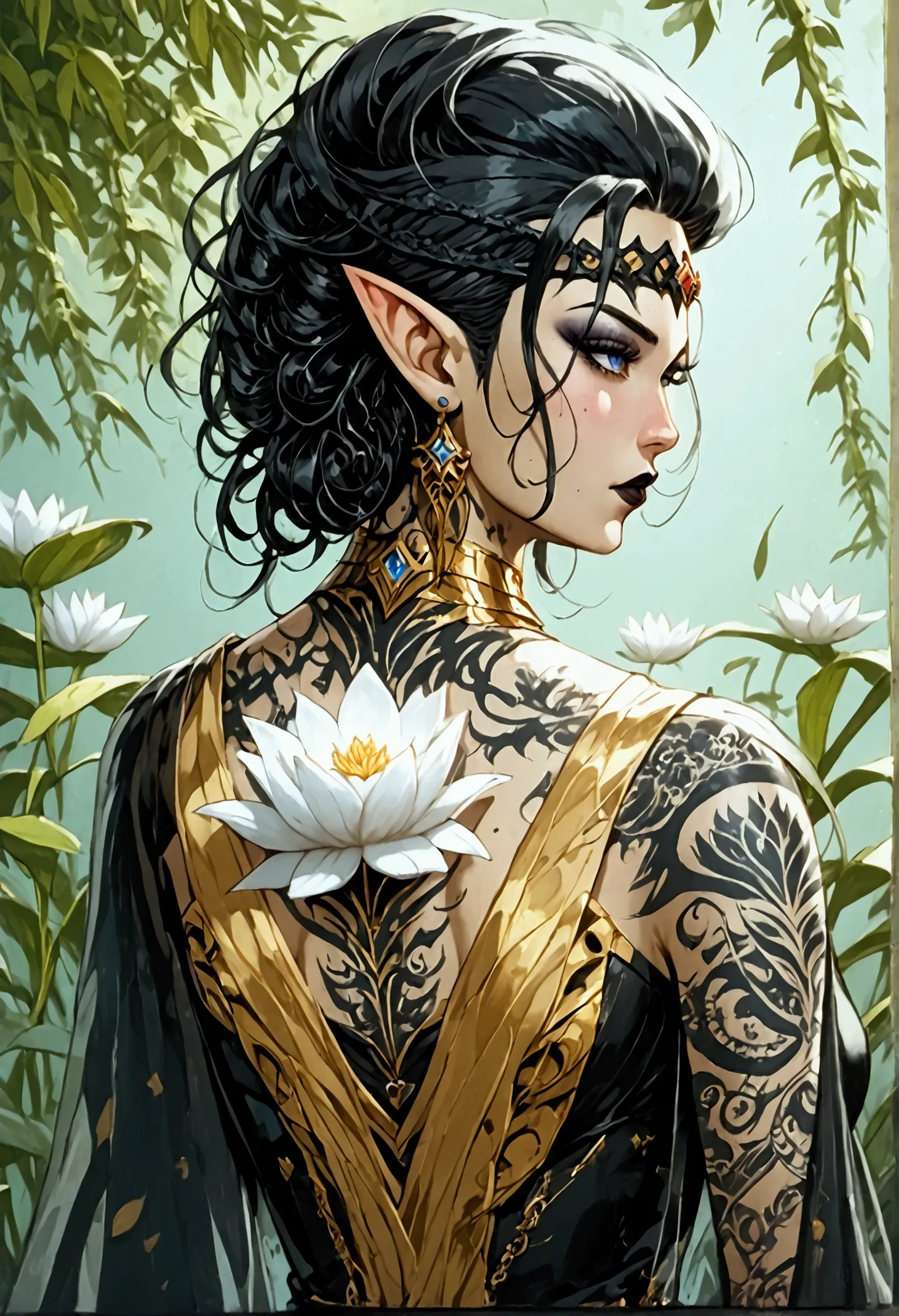 arafed, dark fantasy art, fantasy art, goth art, a picture of a tattoo on the back of a female elf, a glowing tattoo of a ((whit...