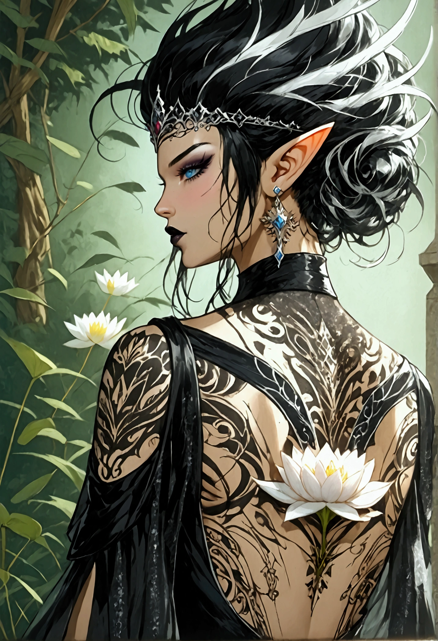 Arafed, Dark fantasy art, fantasy art, goth art, a picture of a tattoo on the back of a female elf, a glowing tattoo of a ((white lotus: 1.3)) on the elf's back, the ((lotus 1.3), she wears a transparent black dress, the dress is elegant, flowing, elven style, that the tattoos glow, dynamic hair color, dynamic hair style, Ultra-high resolution, High Contrast, (masterpiece:1.5), highest quality, Best aesthetics), 16K fantasy art, best details, best quality, highres, 32k, ((ultra detailed: 1.5)), masterpiece, best quality, (extremely detailed), rpg portrait, photograph,