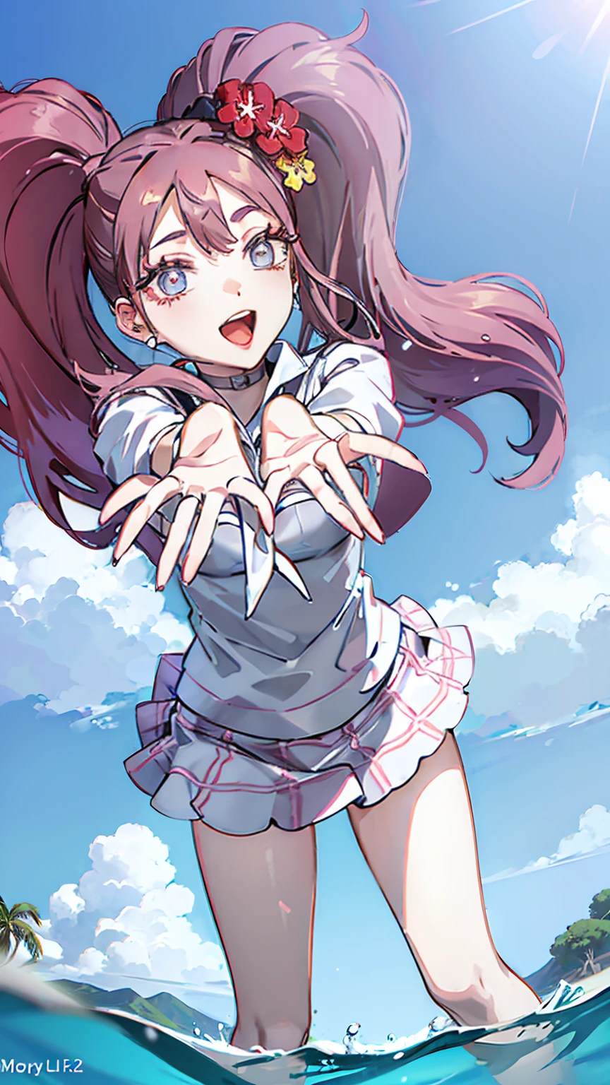 ultra high quality,masterpiece,(((uniform,hands_on_head))), kujikawa_rise/(persona_4),(((Having fun in the water around the beach))),BREAK,(((pink_long_twintail_hair,matur_adult)))