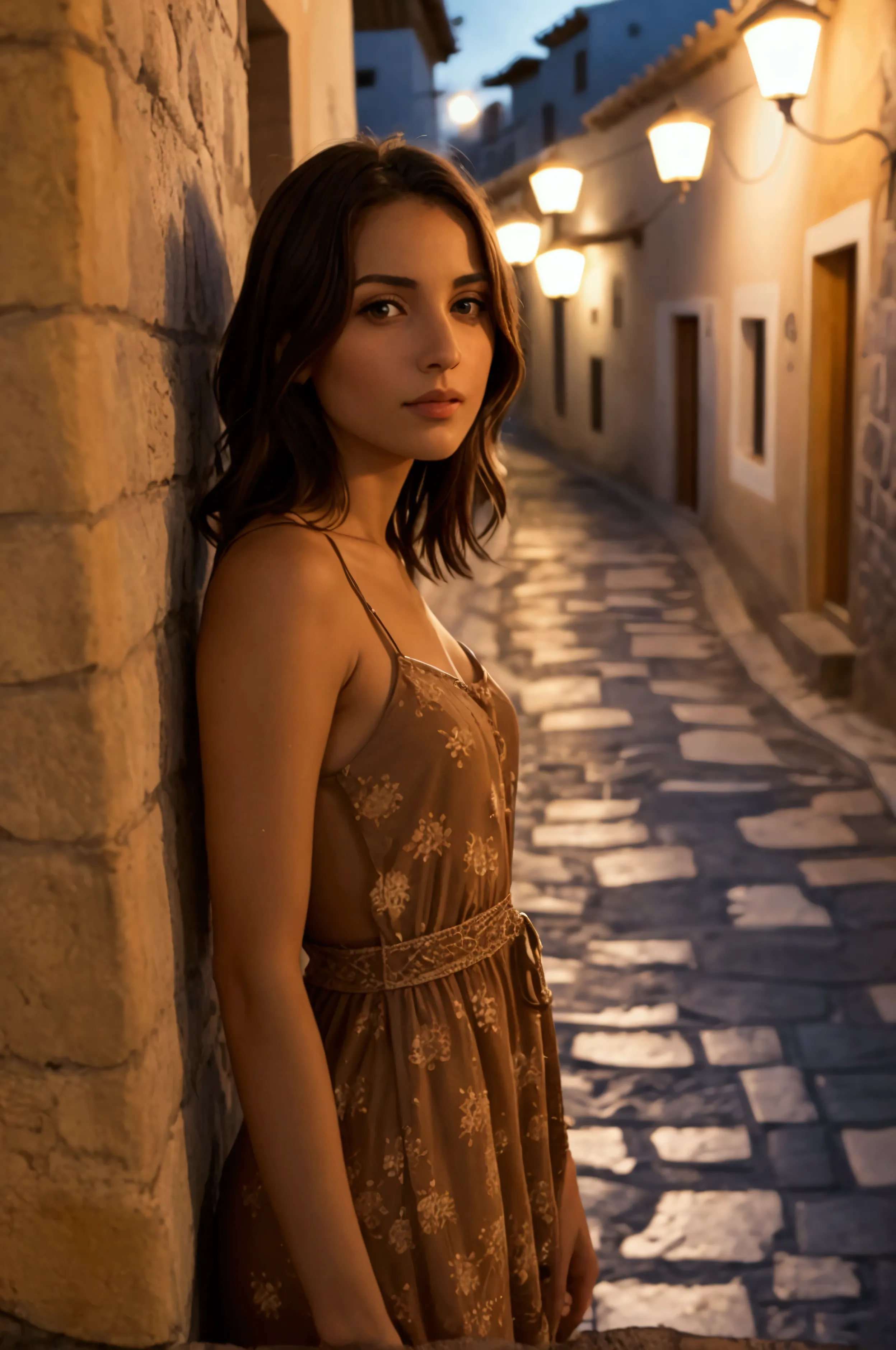 a sweet slim beautiful spanish woman standing a lonely street at night in an andalusian small mountain village. she is extremely...