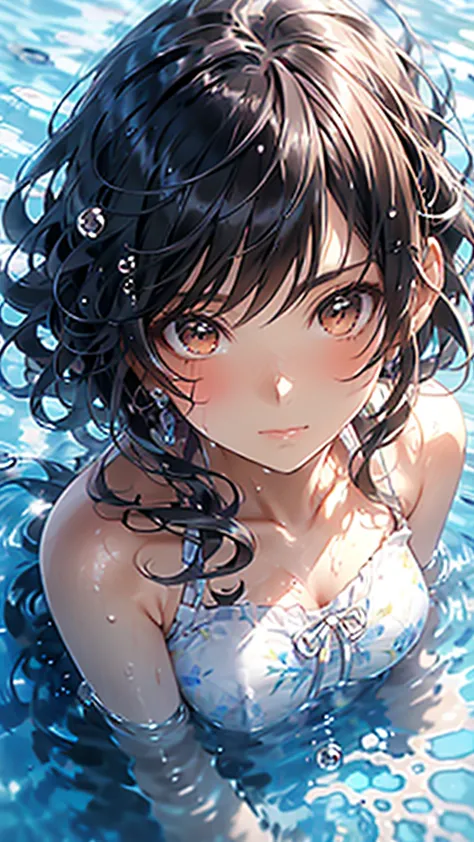 makoto shinkai style, a beautiful girl with black hair in the water, in the style of light blue and white, anime-inspired portra...