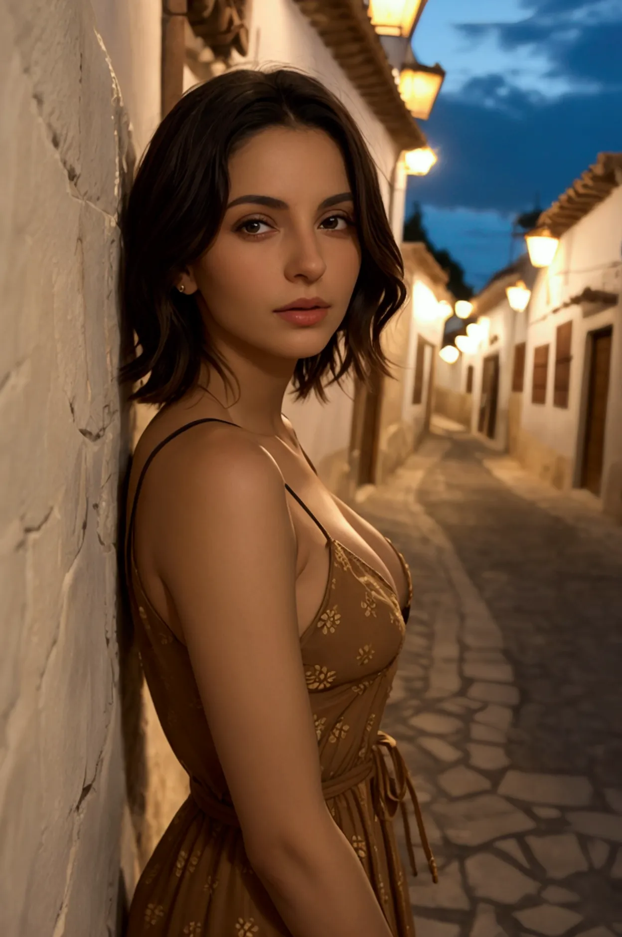 a sweet slim beautiful spanish woman standing a lonely street at night in an andalusian small mountain village. she is extremely...