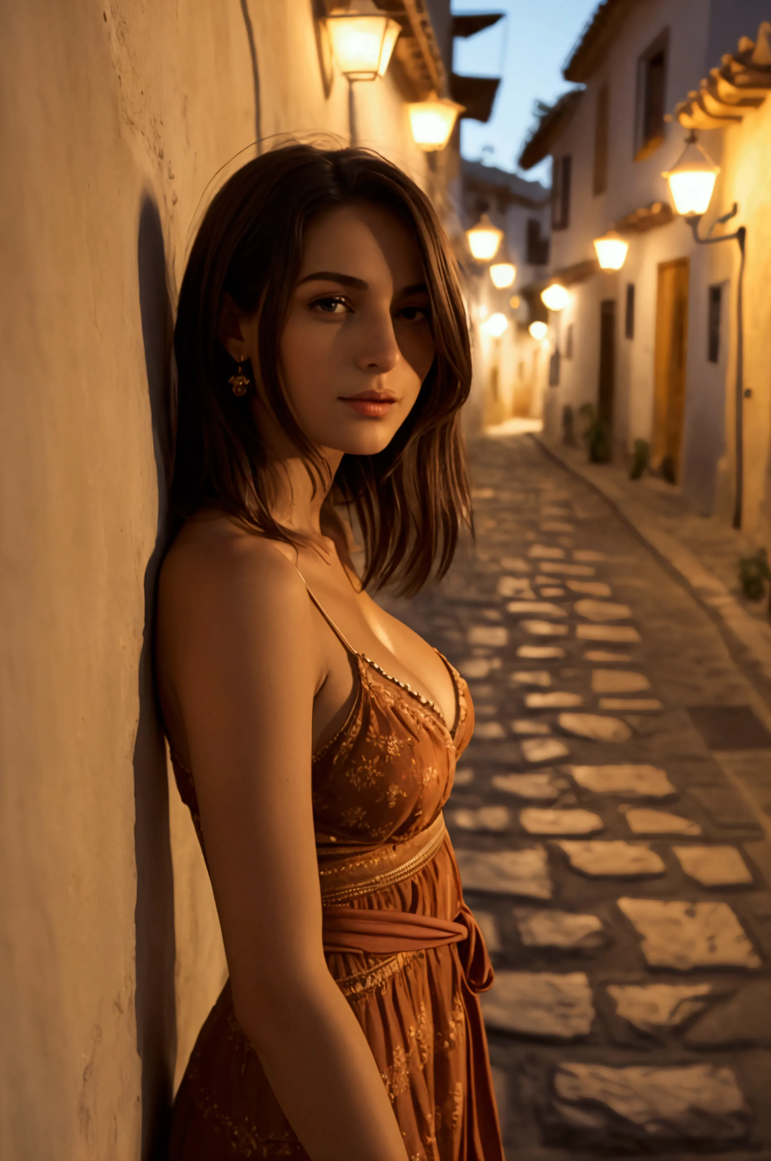 a sweet slim beautiful spanish woman standing a lonely street at night in an andalusian small mountain village. she is extremely...