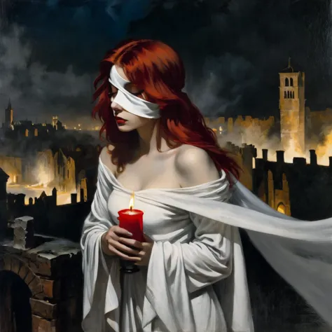 1 european girl, blindfold eyes, naked but covered by a white sheet, long red hair, she holds a lit candle in front of her ,ruin...