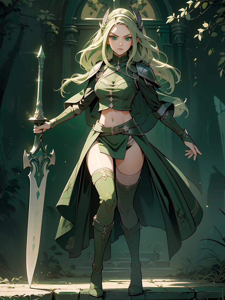 (masterpiece:1.2), (best quality), ultra-detailed. (Step by step design, layout art:1.5). Design a layout showcase Gaming character, (((full_body_shot:1.4))), (1girl), solo, long silver hair, emerald inner hair, detailed face, beautiful face, detailed eyes, (green eyes: 2), perfect anatomy, slim, curvy, small breasts, wearing a long flowing emerald dress with high side slit, showing midriff, light armor, ((wielding a massive great sword)), (Elf royalty, ranger class), ((glove full hands)), intricate vambraces, thigh highs, thick thighs, boots, high heels, (character lighting, action poses, (luminous lighting, atmospheric lighting), Background of details, ancient forest, blue grass, purple leaves, (official art, Beauty and aesthetics: 1.2,), vibrant colour),