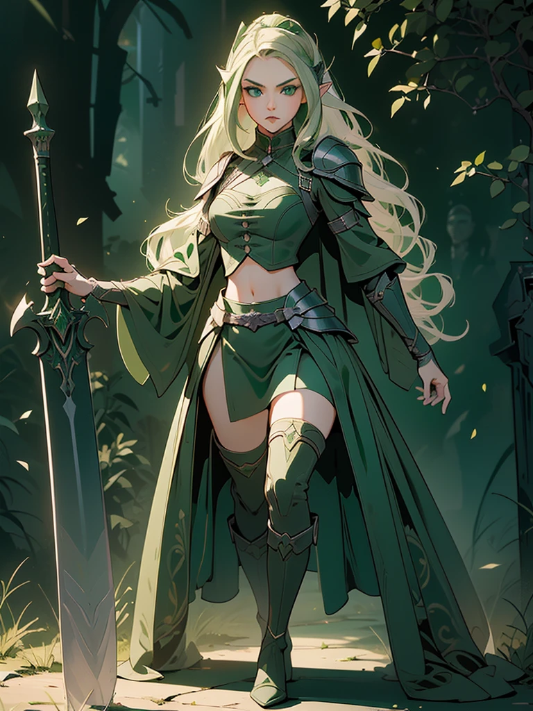 (masterpiece:1.2), (best quality), ultra-detailed. (Step by step design, layout art:1.5). Design a layout showcase Gaming character, (((full_body_shot:1.4))), (1girl), solo, long silver hair, emerald inner hair, detailed face, beautiful face, detailed eyes, (green eyes: 2), perfect anatomy, slim, curvy, small breasts, wearing a long flowing emerald dress with high side slit, showing midriff, light armor, ((wielding a massive great sword)), (Elf royalty, ranger class), ((glove full hands)), intricate vambraces, thigh highs, thick thighs, boots, high heels, (character lighting, action poses, (luminous lighting, atmospheric lighting), Background of details, ancient forest, blue grass, purple leaves, (official art, Beauty and aesthetics: 1.2,), vibrant colour),