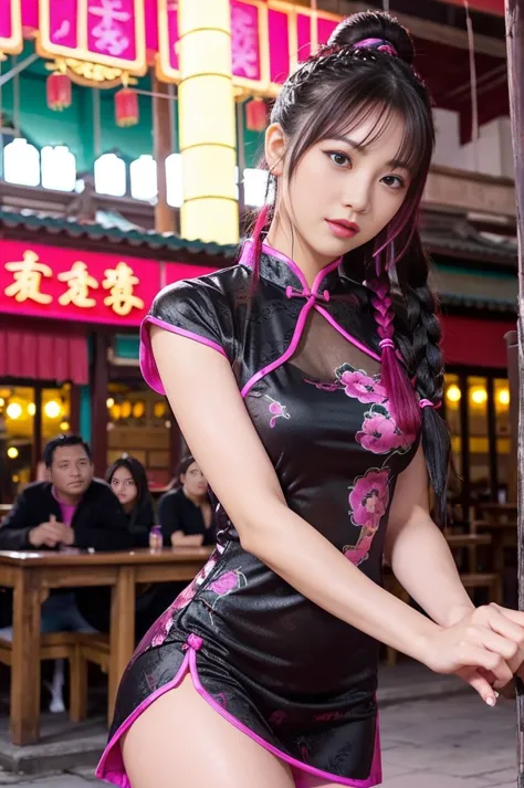 beautiful kung fu idol、lip gloss、hole body、good style、、、、、tight cheongsam mini dress with large scorpion print、long braided hair...