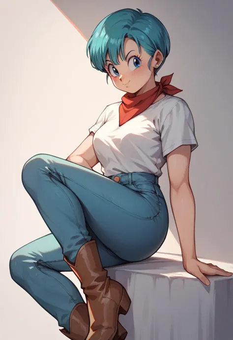 original style, bulma, short hair, blue eyes, blue hair, white short-sleeved shirt, jeans, red kerchief around the neck, cowboy ...