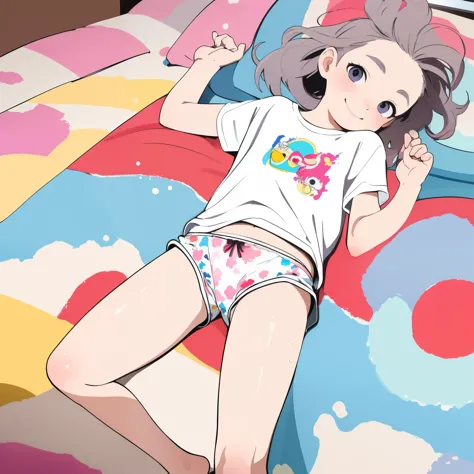 (masterpiece，Highest quality，High resolution)，Colorful bedroom，A very small girl，Baby Face，child，Brat，(Oversized white printed t-shirt，White floral panties), (Zippered shorts，Take off your shorts), Lying in bed，smile，Bruises and gestures，fun，Fisheye Lens，Vibrant colors，watercolor，