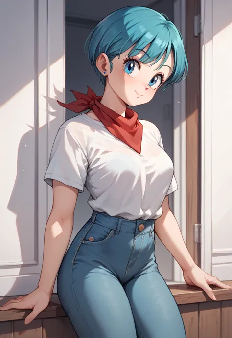 original style, bulma, short hair, blue eyes, blue hair, white short-sleeved shirt, jeans, red kerchief around the neck, cowboy ...