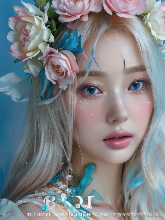 A close-up of a woman with flowers in her hair, 🌺 society, ethereal beauty, ethereal!!! ultra realistic, ethereal fairytale, with frozen flowers around it, fantasy aesthetic!, combine, fantasy aesthetic, ross tran 8k, beautiful fantasy portrait, beautiful and aesthetic, estética de combines, ethereal fantasy, porcelain white skin, Edgar Maxence and Ross Tran, portrait of Barbie doll, pale porcelain skin, Barbie doll, beautiful and elegant queen, anime Barbie doll,