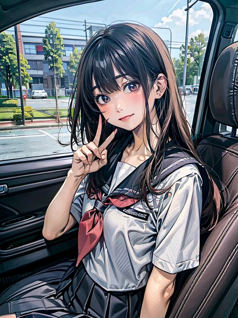 masterpiece, Highest quality, High resolution,alone, Accurate human body、Knowledgeable person、Correct five-finger,Anime Girl、Asian woman sitting in a car holding the steering wheel,Japanese girls uniform, Japanese School Uniform, high school girl, seifuku, Anime Girl Cosplay, Sailor suit, beautiful anime high high school girl, JK Uniform, Girl in uniform, wearing Japanese School Uniform, Simple light background, Uniform soft illumination, Shadows are minimal, Quiet and tranquil atmosphere, Front view, Shallow depth of field, Well-balanced exposure