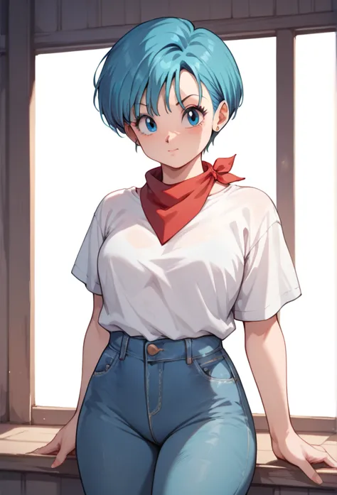 original style, bulma, short hair, blue eyes, blue hair, white short-sleeved shirt, jeans, red kerchief around the neck, cowboy ...