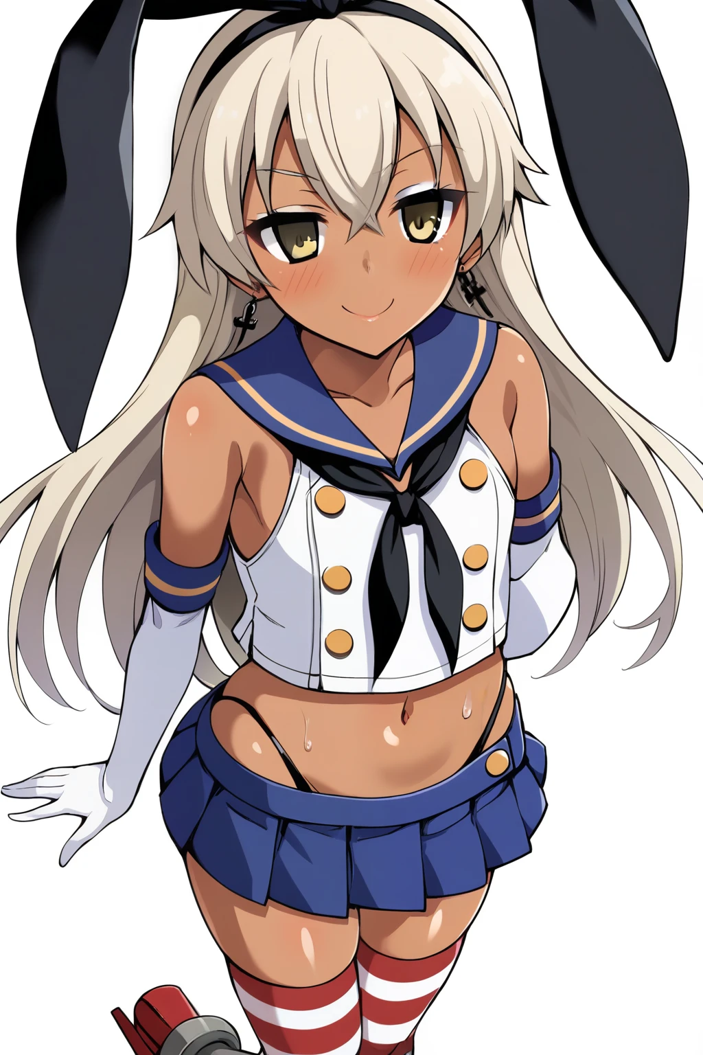 Please rinse your rinsing gel, shimakaze (Kantai Collection), Very ，alone, Brat，Ganguro Junior High School Girls，Long Hair, View your viewers, blush, smile, Simple Background, shirt, Flat Chest，low length，blonde, White Background, belly button, Hair between the eyes, Mouth closed, Expose your shoulders, underwear, school uniform, clavicle, whole body, Yellow Eyes, Pleated skirt, hair band, No sleeve, Seraphim, - Elbow hand pockets, abdomen, White gloves, mini skirt, Striped clothing, Crop top, Blue Skirt, Wet, Skin dentition, High Leg, From above, Striped knee socks, Blue sailor collar, Alternative Breast Size, black neckerchief，ganguro, Dark Skin, 浅Dark Skinの女性, White makeup, eye shadow, Earrings