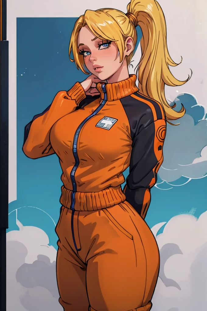 beautiful detailed eyes, beautiful detailed lips, extremely detailed eyes and face, long eyelashes, 1 girl, curvy woman, long yellow hair, two pigtails, orange tracksuit, orange joggers, beautiful blue-eyed, photorealistic, masterpiece, high quality, 4k, hyperdetailed, intricate details, vibrant colors, dramatic lighting, elegant pose