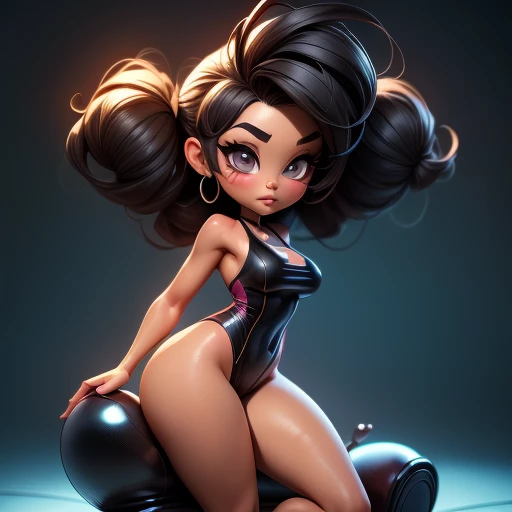 super deformed chibi bratz cartoon, sexy black woman huge  in a seethru blue one piece swimsuit leotard an black stockings and sneakers