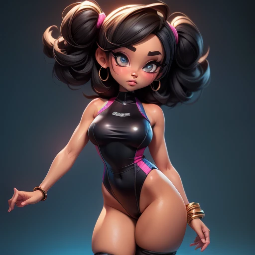 super deformed chibi bratz cartoon, sexy black woman huge  in a seethru blue one piece swimsuit leotard an black stockings and sneakers