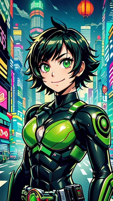 (8k),(masterpiece),(Japanese),(1girl),((Buttercup)),((Kamen_Rider, green)),From the front, upper body, Cowboy shot, close up, smile,cute,Innocent,Kind eyes, Flat chest, (black hair, green eyes, short hair, messy hair), city-scene-aso, night,dark, Neon light, LED, building , landscape, avenue, cyberpunk city, vivid colors 