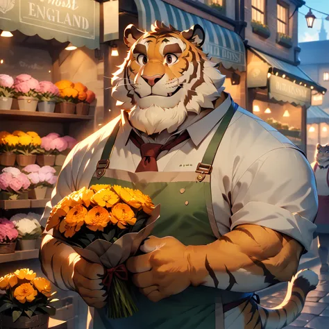 dynamic angle, dynamic pose, florist, plump middle-aged british tiger man, happy, light smile, presenting a bouquet of flowers, ...