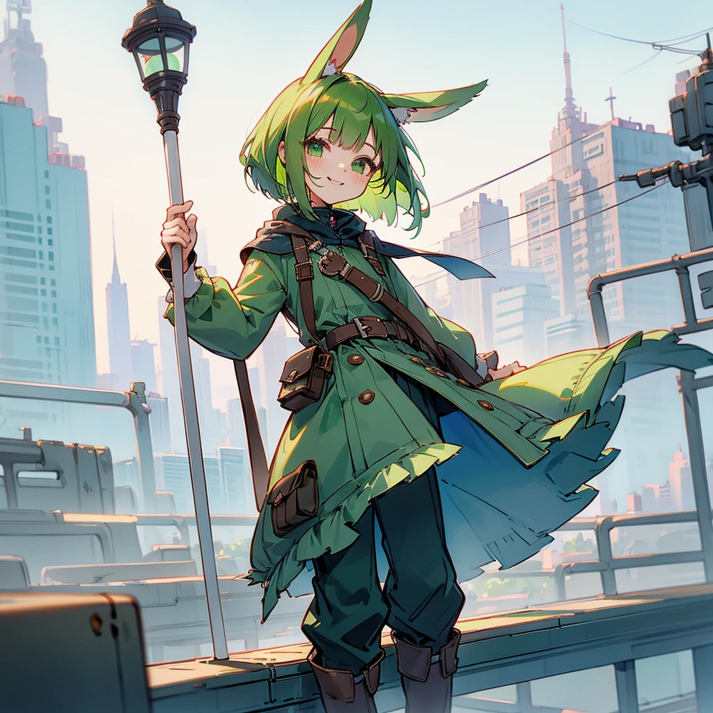 (long Green rabbit ears), green animal ears, (1 girl), green hair, green eyes, bob cut, thin eyebrows, smiling, young, alone, Lolita, childhood, child, short, overall, coat, long boots, red hood, wide pants, harness, fingerless globe, belt, waist pouch, in the city, tiny, baby face, pastel academia, cel anime