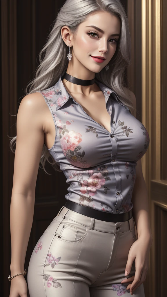 ((best quality, masterpiece)), detailed, realistic, 1woman, sexy,  cool, fancy ((sleeveless)) sexy floral print shirt, (American armhole), stylish pants, choker, long stylish platinum silver hair, dark shades, smug smile, sexy firm breasts