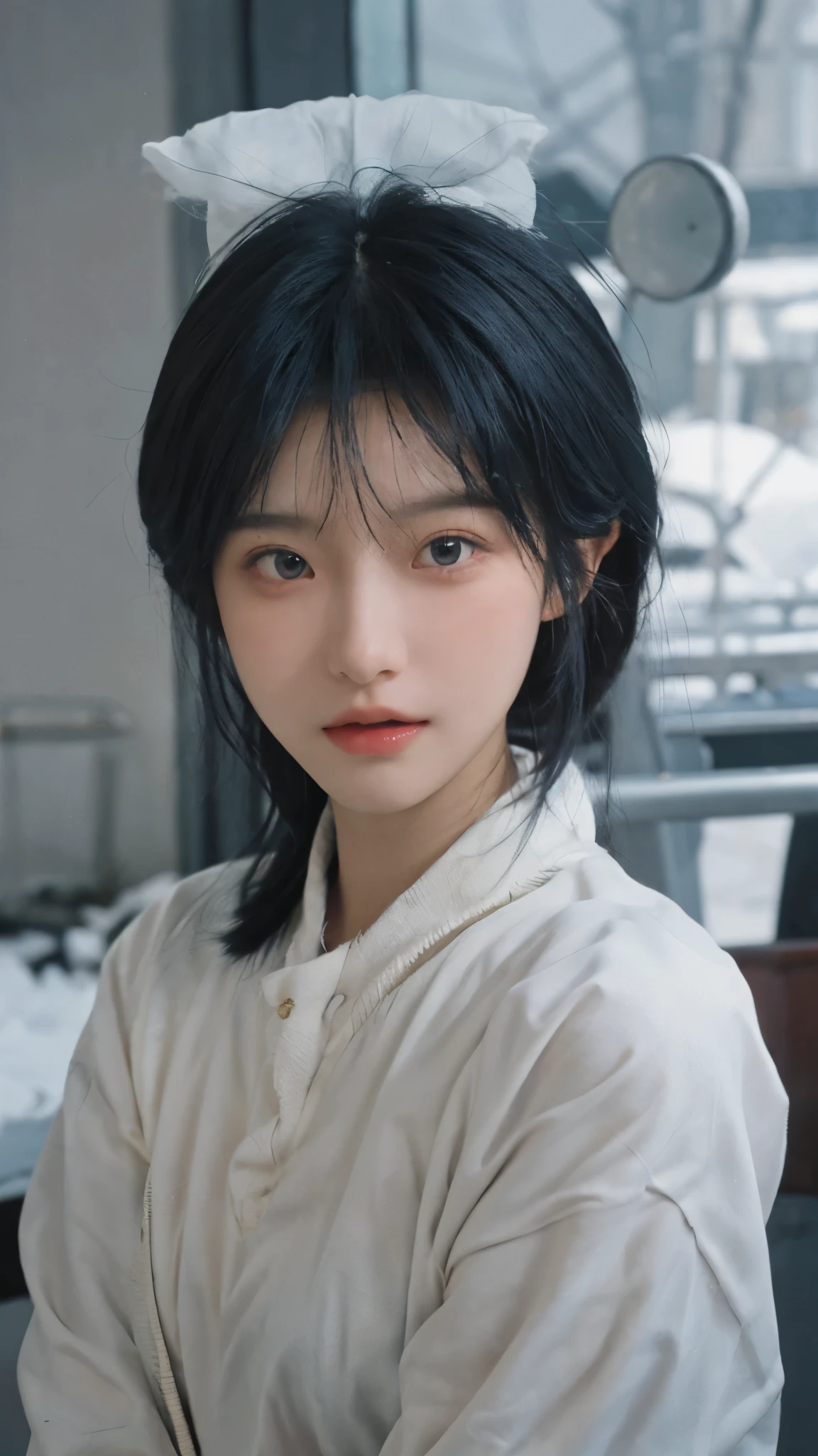 Best quality，Ultra-high resolution，（lifelike：1.4），Cute hairpin，2girll，Sparkling eyes，Short blue hair，jk，Snow-white skin，Blush，Slim beauty，At school，Ultra-fine face，Exquisite eyes，Double eyelids，