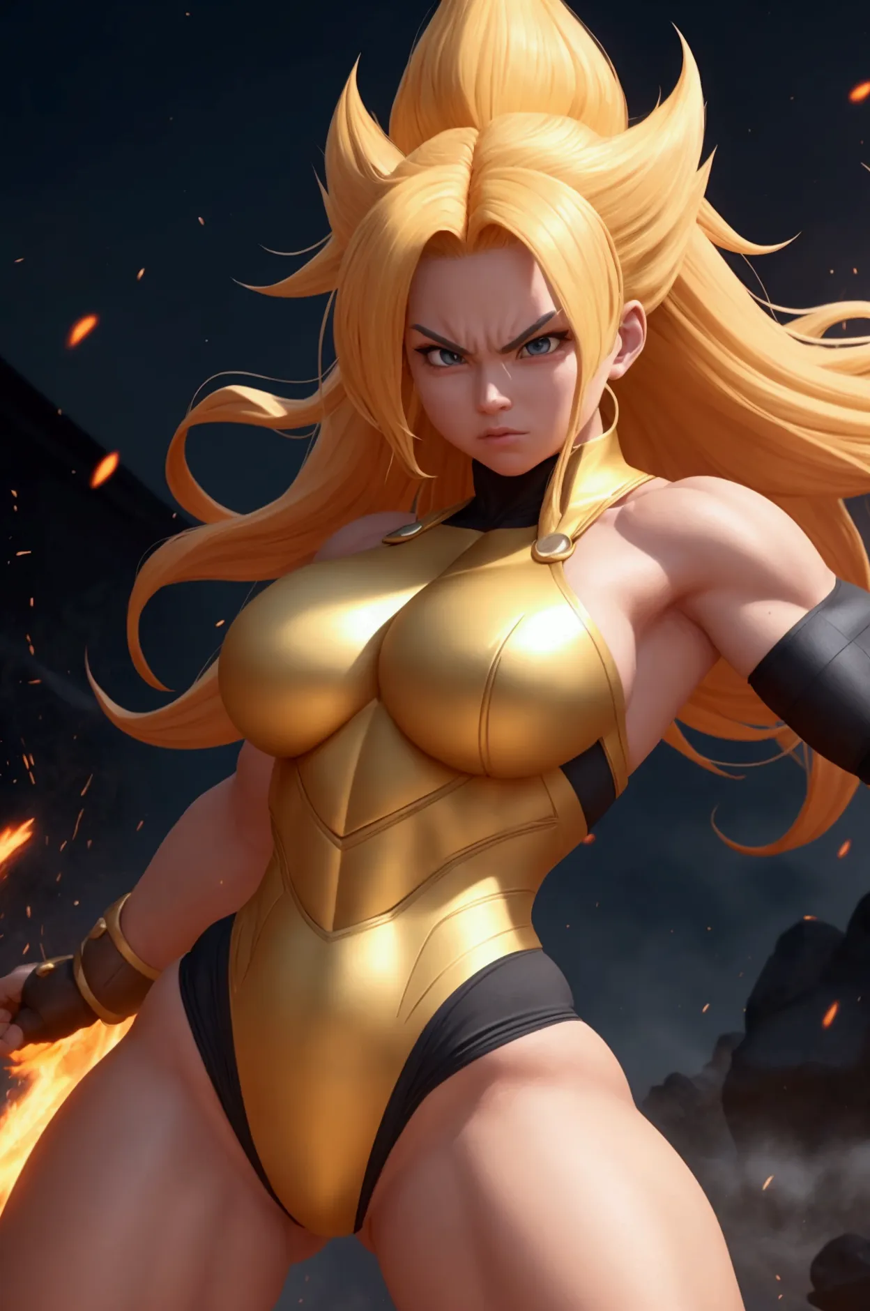 picture a fierce and powerful female super saiyan 3, her golden hair cascading down her back in long, flowing locks as she emana...