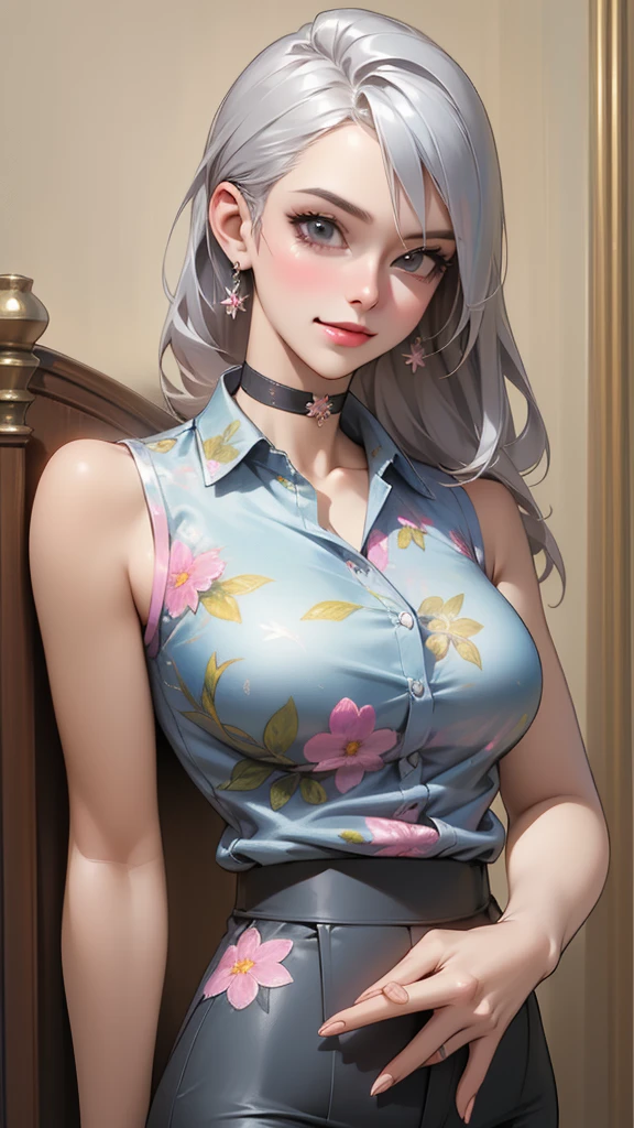 ((best quality, masterpiece)), detailed, realistic, 1woman, sexy,  cool, fancy ((sleeveless)) sexy floral print shirt, (American armhole), stylish pants, choker, long stylish platinum silver hair, dark shades, smug smile, sexy firm breasts