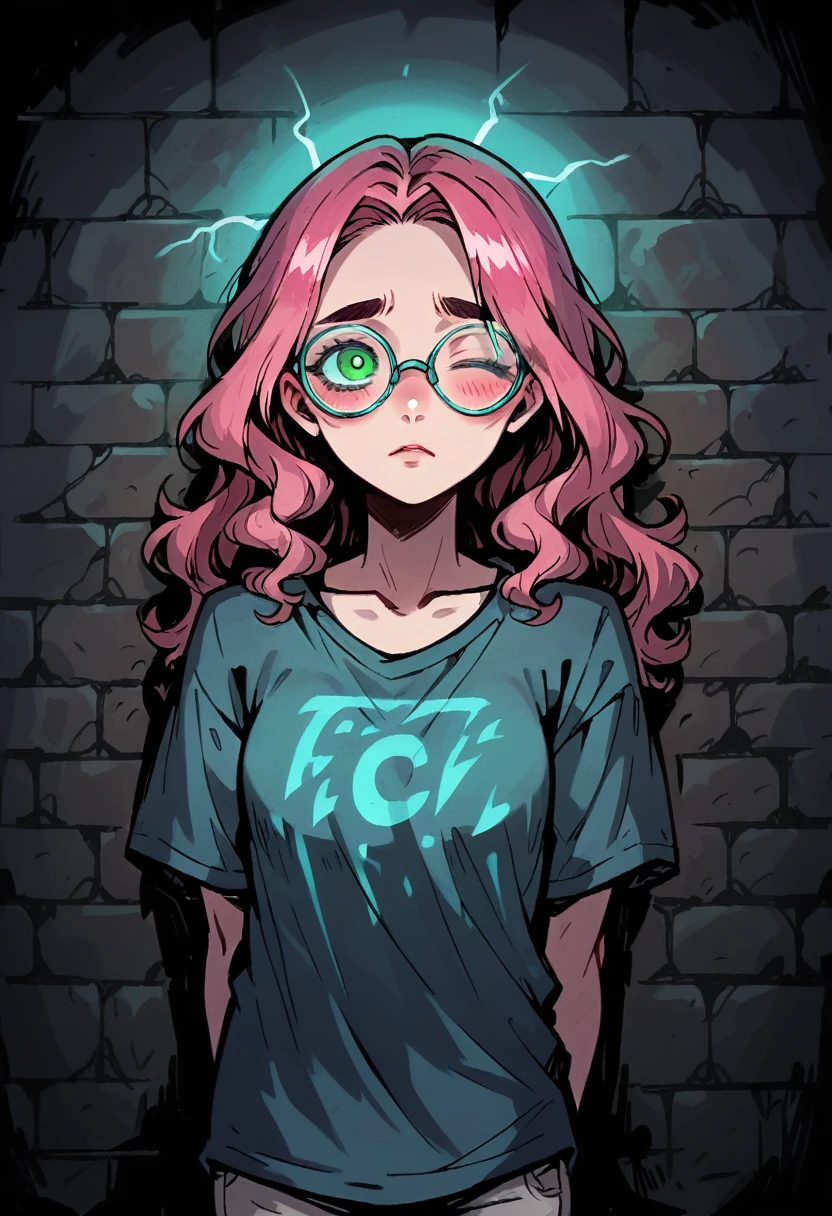 Medium close-up of a pale, slender girl, long wavy hair, korean pink hair, thick eyebrows and contrast green eyes. She has playful eyes and playful face expression with blush and one eye closed, looking directly at the viewer, with a finely detailed, ultra-clear face. She has big oversized glasses. Hands behind her back. She wears clean striped t-shirt. The background features a weathered brick wall with azure neon light, creating dark, atmospheric scene. Highly detailed, inspired by Chris Bourassa's. Dramatic lightning,a azure neon lamp lights. Somber character design with thick outlines.
