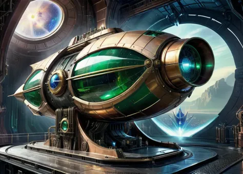 concept art. medium shot. a steampunk starship with metallic gold green marble hull. medium shot. steampunk-inspired sci-fi illu...