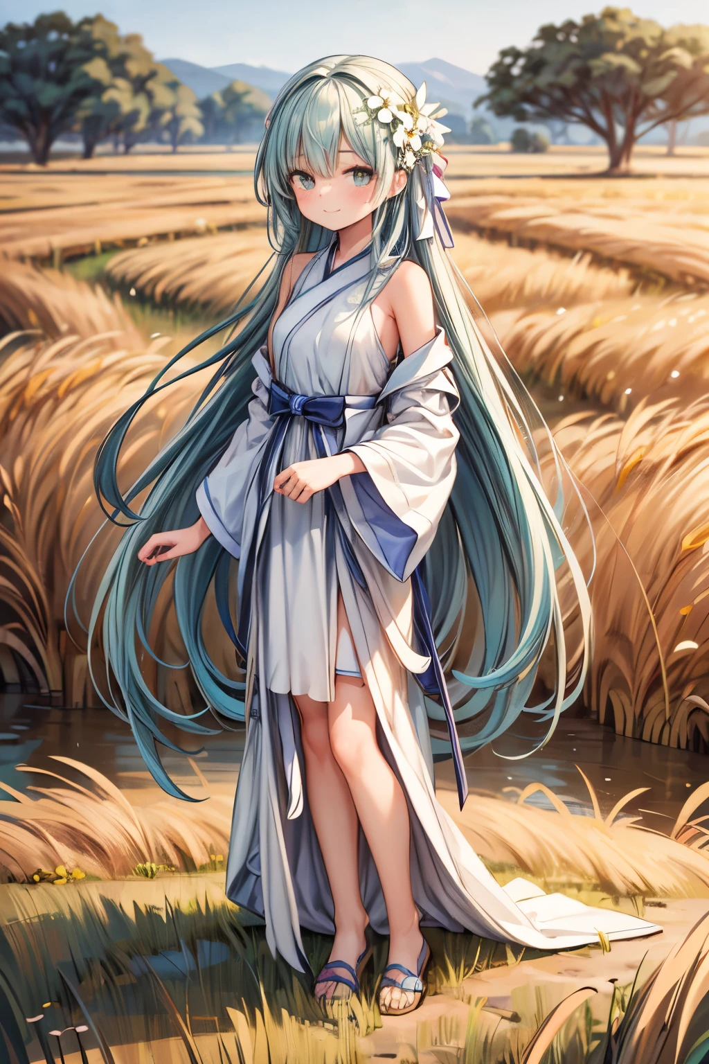 masterpiece, best quality, ultra highres, detailed illustration, portrait, detailed, 1girl standing in wheat field, solo, long hair, dress, flower, white hanfu, smile, full body, white flower, bare shoulders, very long hair, aqua hair, closed mouth, facing viewer, bangs,