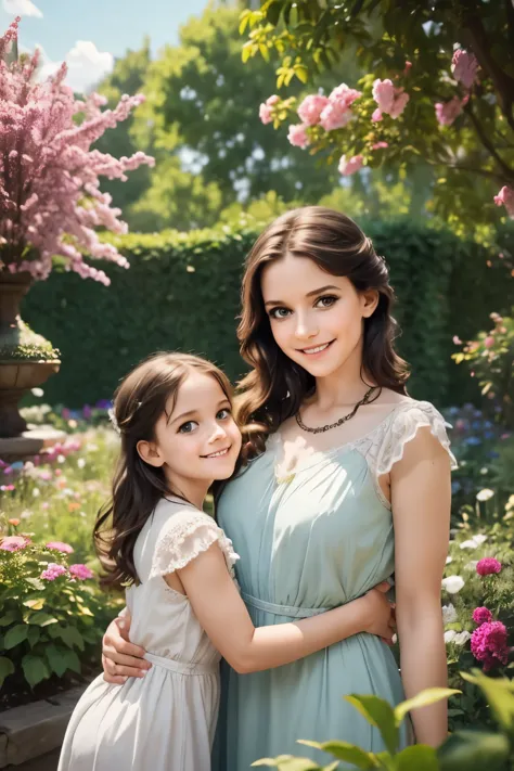 littlegirl exploring a beautiful garden with her smiling mother, detailed eyes and face, long eyelashes, happy and curious expre...