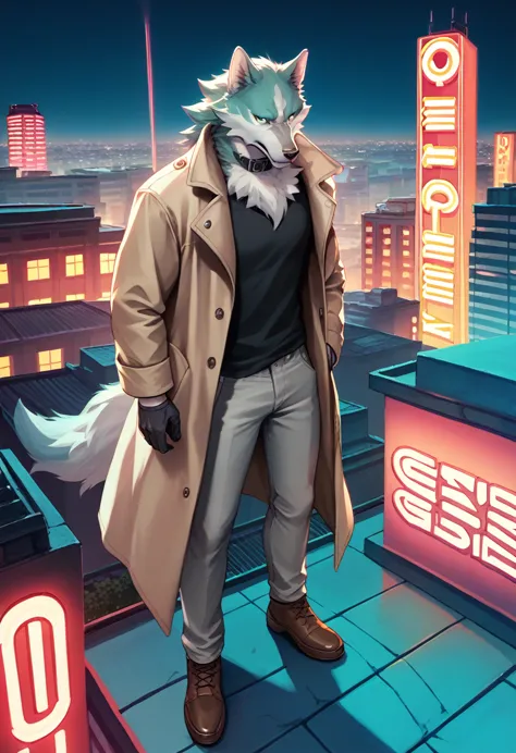 score_9, score_8_up, score_7_up, shirou ogami, wolf anthro, trenchcoat, black shirt, collar, gloves, grey pants, brown shoes, st...