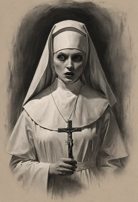 a nun with huge penis, penis in priest's mouth, graphite style on old paper, deep shadows, professional illustration, creepy, si...