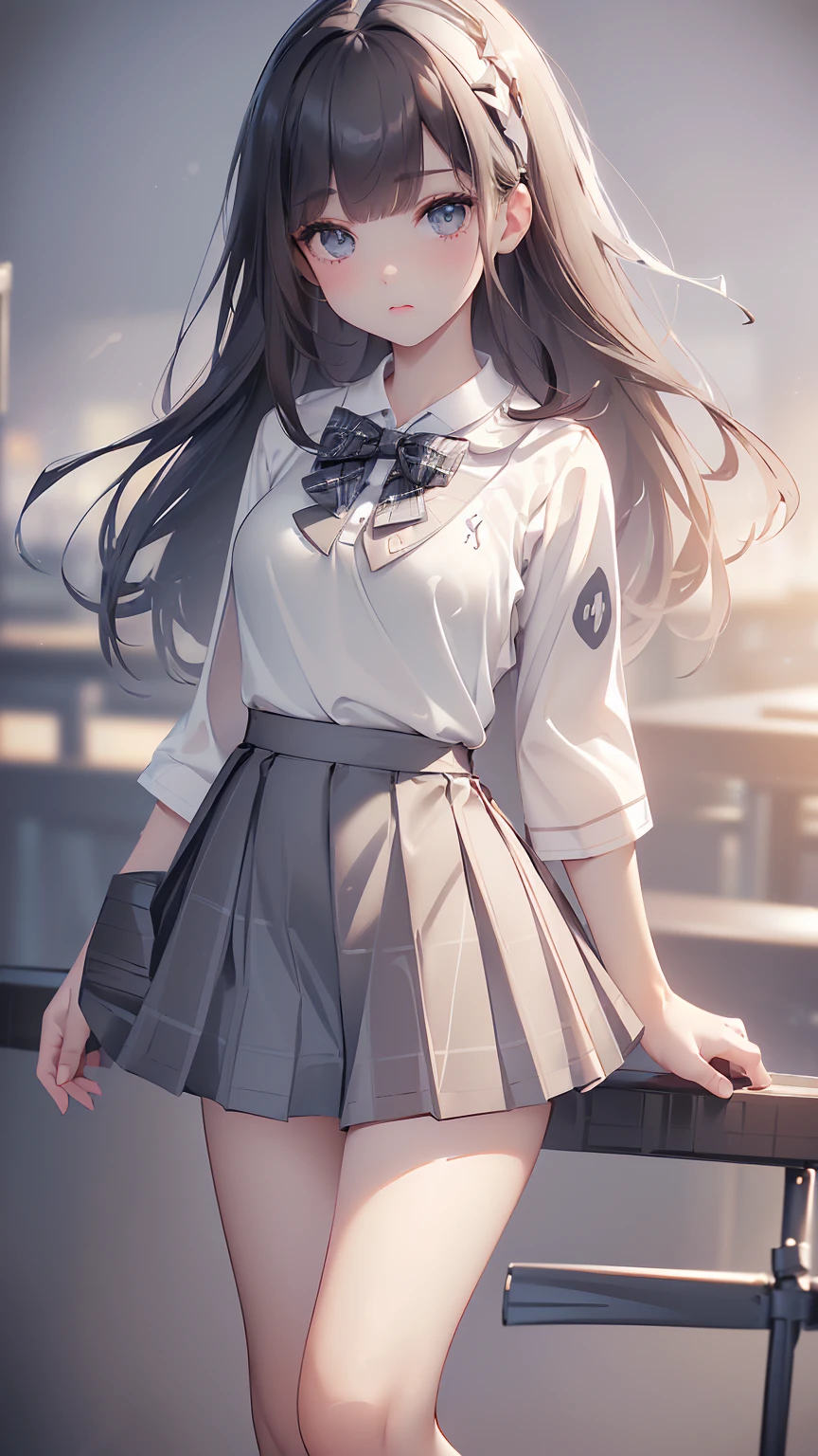 1 girl, Solo, Cute Girl, , Best Quality, Ultra-detailed, 8K, High resolution, Detailed face, dark brown hair, bob hair, (((tareme:1.5, downer))), (((school uniform, white collared shirt, bowtie, pleated skirt, gray skirt, plaid skirt, long skirt, white socks))),  (((polo shirt :1.5))) (((long skirt:1.5)))